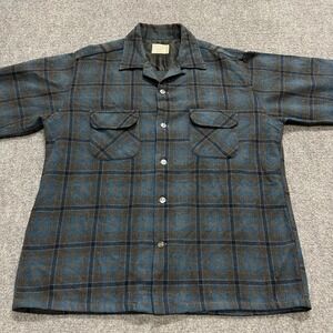 Vintage TownCraft Pennys Men's Blue Plaid 100% Virgin Wool Original Button-Up